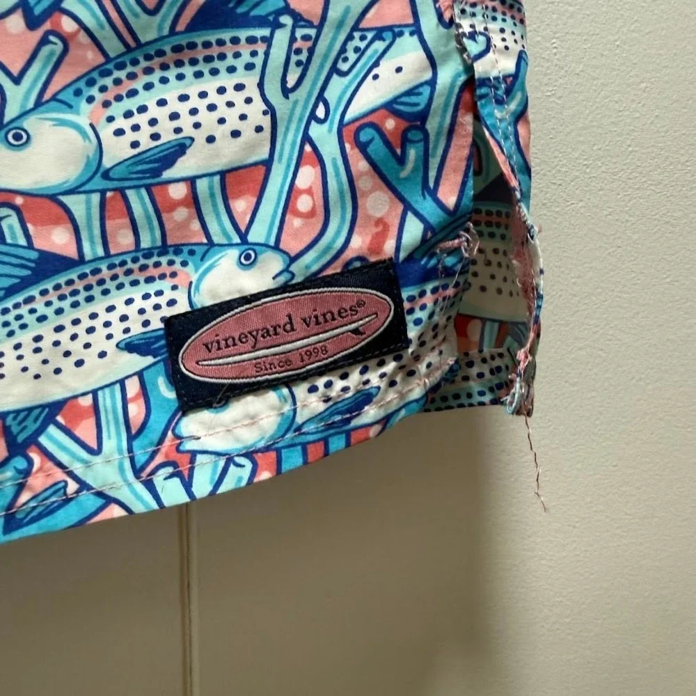 Vineyard Vines Boys Fish Coral Reef Print Swim Trunks Blue Pink Drawstring